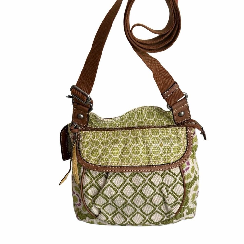Fossil Y2K Canvas Key-Per Crossbody Bag Green Geometric Adjustable Shoulder EUC - Picture 2 of 15